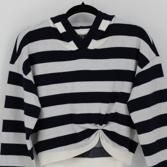 Anthropologie‎ $88 Small Navy White Striped Twist Front Cropped Hoodie Sweater - Picture 5 of 14